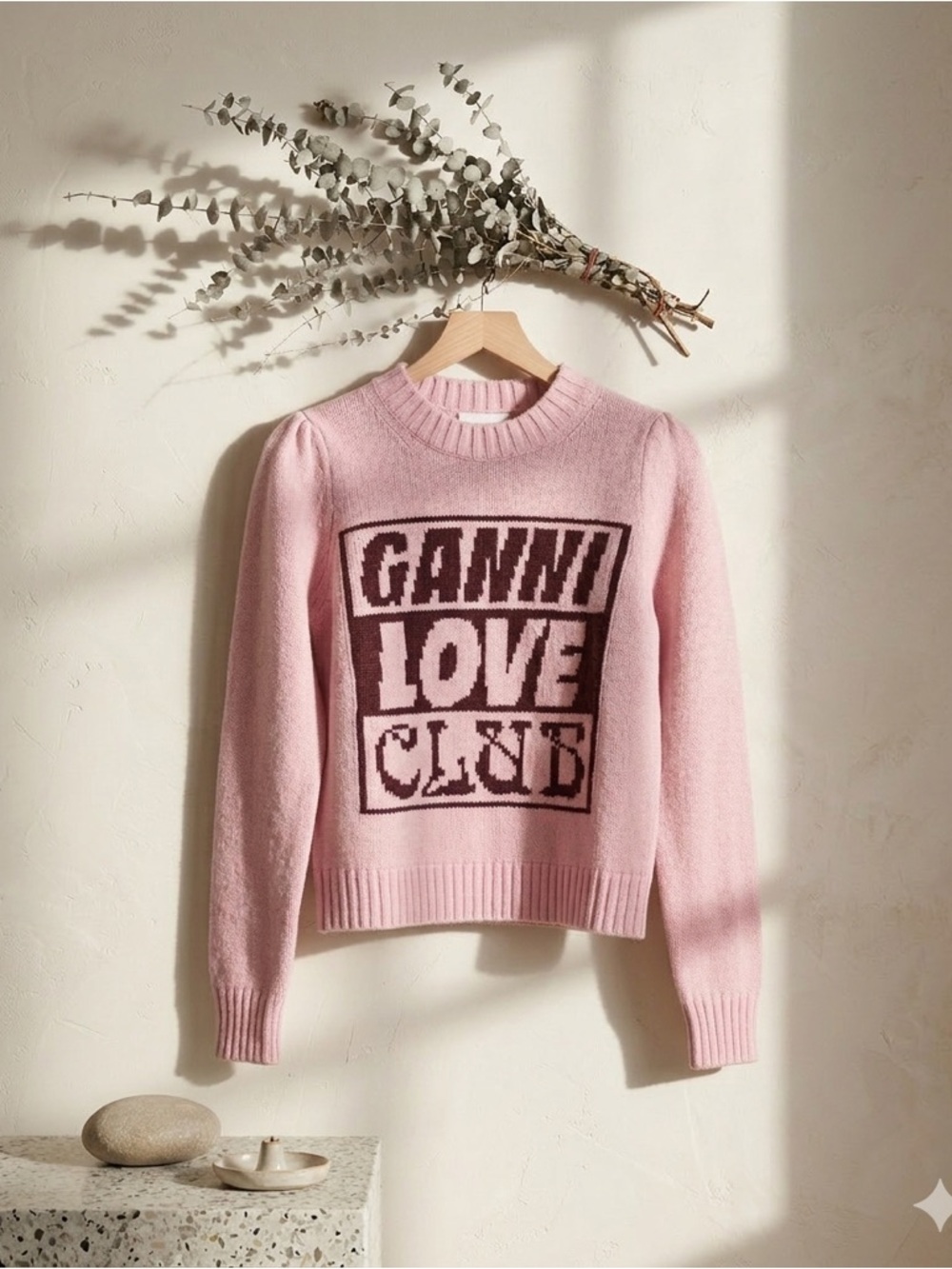 Ganni Love Club Graphic Lambswool Sweater Pink Lavender S NWT